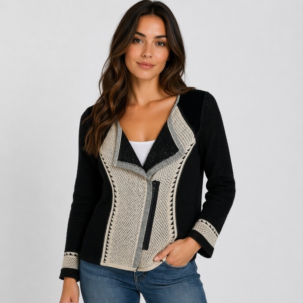 Curio Avante Garde Mixed Knit Cardigan Womens S Black Beige Artwear Zipper